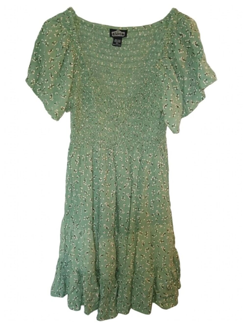 Angie Green Floral Smocked Puff Sleeve Tiered Boho Babydoll Ruffle 1x Mini Dress